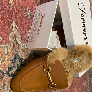 Forever Link Tan Mules with Faux Fur